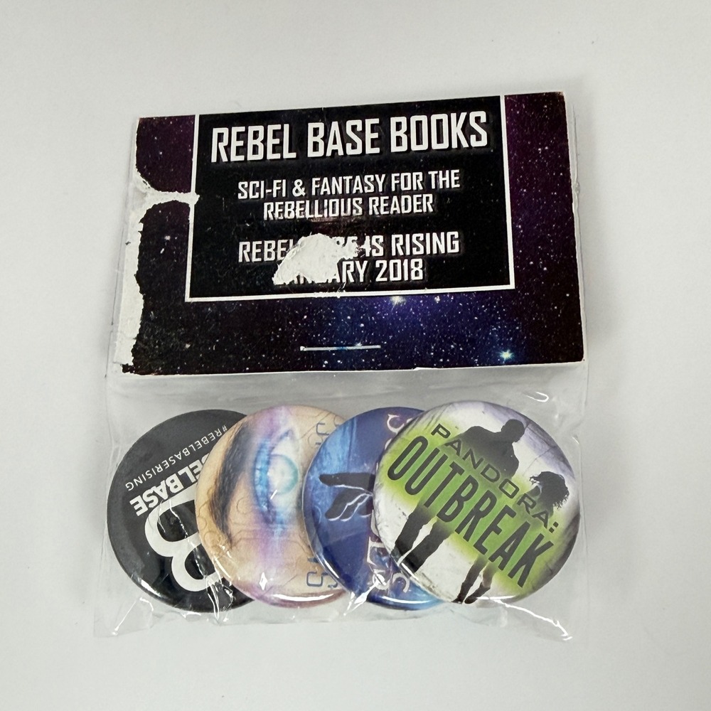Rebel Base Books Pinback Buttons Set 4pc Sci-Fi Fantasy Pandora‎ Outbreak